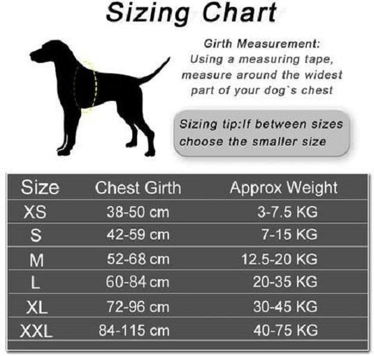 Size chart personalised dog harness Australia
